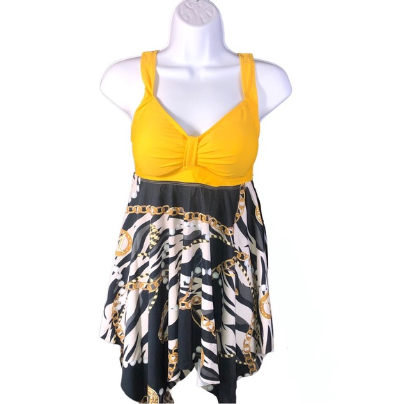 Yellow Zebra Gold Chain Pearls Print Tankini Swimdress TOP ONLY Size L - Picture 3 of 5